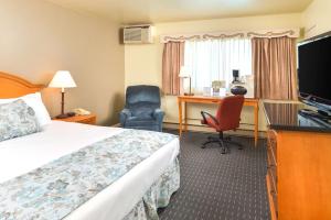 Habitación de hotel con cama y escritorio en Svendsgaard's Lodge- Americas Best Value Inn & Suites en Solvang