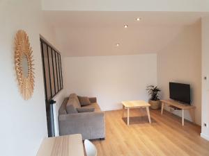 a living room with a couch and a tv at Appartement + terrasse à 5 mn de Carcassonne in Pezens