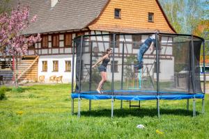 Herdwangen-SchönachにあるFerienwohnung Kapellenhofのトランポリンの上に立つ女