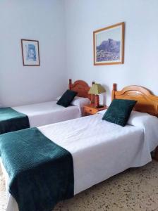 een hotelkamer met 2 bedden en groene kussens bij Pensión Los Volcanes in Fuencaliente de la Palma