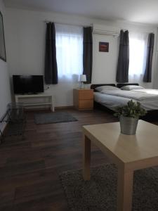 1 dormitorio con cama, mesa y TV en Akali studio apartments, en Balatonakali