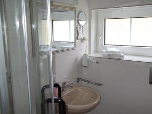 a bathroom with a sink and a mirror and a window at Pension & Café Am Krähenberg in Halle an der Saale +23 photos