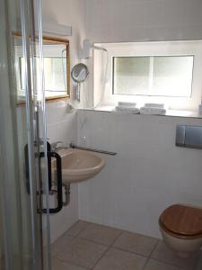 baño con lavabo y aseo y ventana en Pension & Café Am Krähenberg, en Halle an der Saale