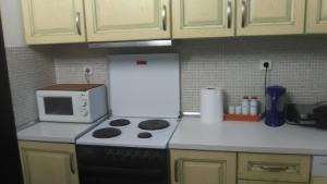 a kitchen counter with a stove and a microwave at Detached House in Sykia in Sikia +52 photos