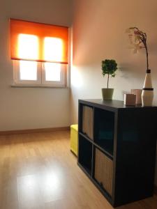 a living room with a black cabinet and a plant at Casinha Minhota in Eirado