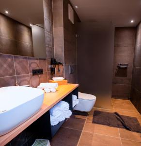La salle de bains est pourvue d'un lavabo et de toilettes. dans l'établissement Alpinlodge Ladis, à Ladis