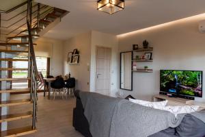 a living room with a couch and a tv at Cavas Luxury Apartments in Iraklitsa