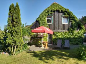 Una casa con una sombrilla y sillas en el patio. en Agroturystyka Stajnia Horyzont, en Jarosławiec