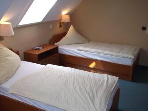 a hotel room with two beds and a window at Pension & Café Am Krähenberg in Halle an der Saale