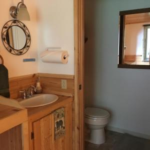 een badkamer met een wastafel, een toilet en een spiegel bij Angels Rest on Resurrection Bay LLC in Seward