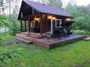 a small cabin with a deck in the grass at Ainja Puhkemaja in Viljandi