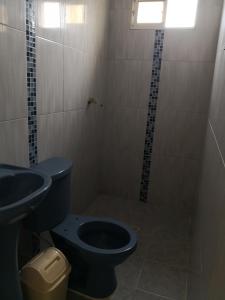 a bathroom with a blue toilet and a sink at Hospedaje el Parque in Soledad