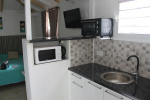 a small kitchen with a microwave and a sink at Résidence B&L Lagon : Bungalow Atoll in Sainte-Luce
