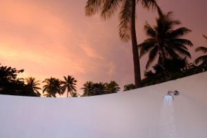a wall with a fountain with palm trees in the background at Lomani Island Resort &ndash; Adults Only in Malolo Lailai