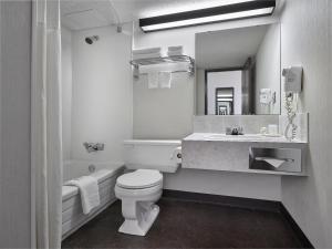 a bathroom with a toilet and a sink and a mirror at Crestwood Hotel in Hinton
