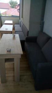 uma sala de estar com um sofá e uma mesa de centro em Apartmani Spasic em Leskovac