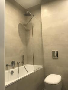 a bathroom with a shower and a toilet and a tub at Apartament Wilanów Klimczaka in Warsaw