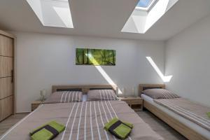 two beds in a bedroom with skylights at Villa Wine House in Hrušovany nad Jevišovkou