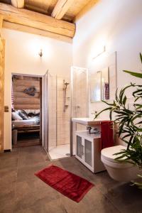 een badkamer met een douche, een toilet en een wastafel bij Chalet Ellerbeck in Langdorf