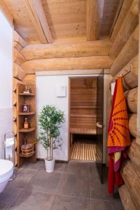 e bagno con soffitto in legno, doccia e servizi igienici. di Chalet Ellerbeck a Langdorf