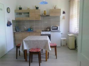 a small kitchen with a table and a refrigerator at JOLANDA Vendégház in Szálka