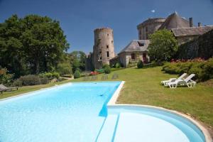 une grande piscine en face d'un château dans l'établissement Château de la Flocellière, à La Flocellière