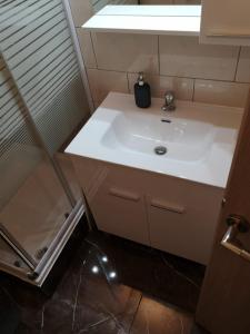 ein Badezimmer mit einem weißen Waschbecken und einem Spiegel in der Unterkunft Apartmani Zdenka Savar-Maslina in Savar
