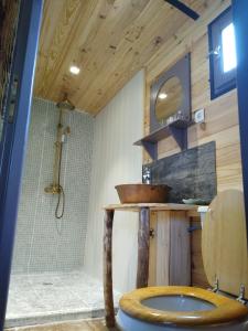 y baño con aseo de madera y ducha. en Roulotte du Moulin Saint Valentin en Roquemaure