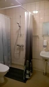 e bagno con doccia, servizi igienici e lavandino. di Kaidanojan Kartano a Uusikartano
