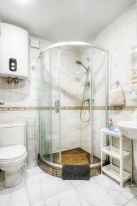 聖彼得堡的住宿－埃及之家住宿加早餐旅館，带淋浴、卫生间和盥洗盆的浴室