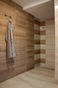 a walk in shower with wood paneling at Noah Apartment in Radovljica