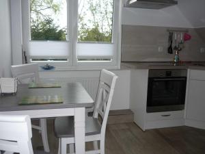 Il comprend une cuisine avec une table et des chaises ainsi que 2 fenêtres. dans l'établissement Ferienwohnung Klütz, à Oeversee