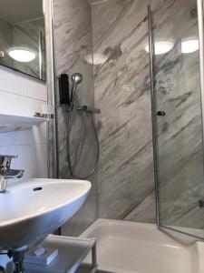 W łazience znajduje się prysznic i umywalka. w obiekcie Gasthof Hirschen w mieście Gailingen am Hochrhein