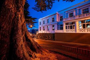 um edifício com uma árvore em frente em The Burlington Luxury Octagon Apartment em Dunedin