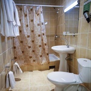 e bagno con servizi igienici, lavandino e doccia. di Oktyabrskaya a Pskov