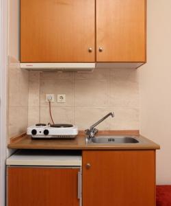 una cucina con lavandino e tostapane su un bancone di Noni Rooms a Agia Triada