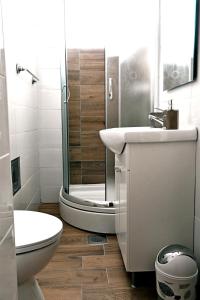 La salle de bains est pourvue d'une douche, de toilettes et d'un lavabo. dans l'établissement HOME WITH A VIEW, à Lovran
