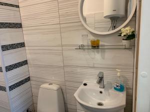 a bathroom with a sink and a mirror and a toilet at Portoss in Ventspils +50 photos