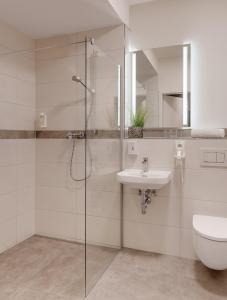 W łazience znajduje się prysznic, toaleta i umywalka. w obiekcie Amper Art Boardinghouse w mieście Fürstenfeldbruck