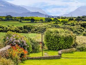 a garden with flowers and mountains in the background at Coed Bolyn Lodge in Llanddeiniolen