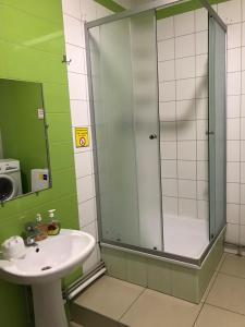 uma casa de banho com um lavatório e uma cabina de duche em vidro. em Moskovs'kyi Avenue 41 em Kharkov