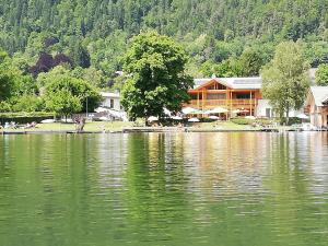 jezioro przed budynkiem z drzewem w obiekcie Ferienhaus Am-moore w mieście Steindorf am Ossiacher See