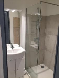 La salle de bains est pourvue d'un lavabo et d'une douche en verre. dans l'établissement Studio climatisé, La Cloison, à Arles