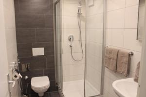 łazienka z prysznicem, toaletą i umywalką w obiekcie Apartment Elisa w Kaprunie