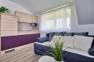a living room with a blue couch and a kitchen at Apartments and rooms Hope in Slunj