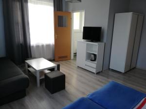 a living room with a couch and a tv at Słoneczne Uroczysko in Międzywodzie +14 photos