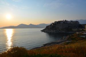 a castle on a hill near the ocean at sunset at Hôtel Méditerranée in Calvi