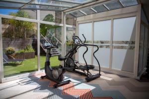 a gym with a treadmill in a room with windows at Privilège Appart Hôtel Saint Exupéry in Toulouse