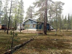 una pequeña cabaña en el bosque con árboles en Auroracabin Chalets, en Saariselkä