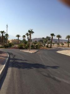 una calle vacía con palmeras a un lado de la carretera en הבית של דרורי, en Neve Zohar